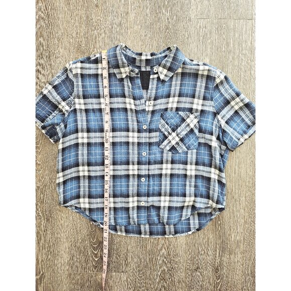 Forever 21 Blue White Plaid Cropped Button Down Shirt Short Sleeve Casual - Picture 9 of 12